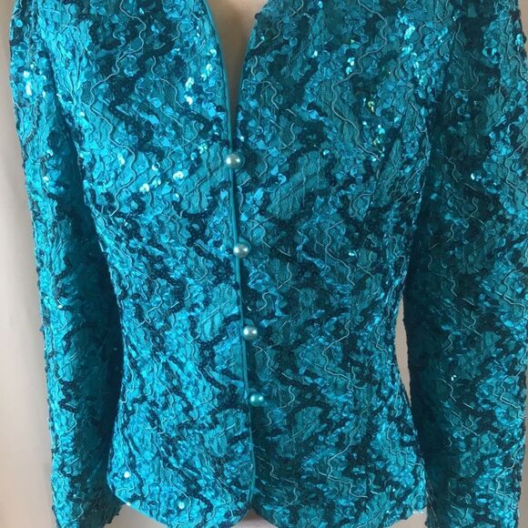 VTG Nah Nah Collection Lace Emerald Sequins Women Blazer Sz 12 Made In USA - Picture 7 of 16